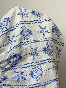 Sunnyshic 两件套女士复古贝壳海星印花深V领露脐吊带上衣和低腰短裤，休闲度假派对装扮 - 藍色 - 查看 7