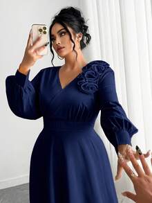 Elenzga Plus Size Women's Elegant Romantic Vacation 3D Pleated Floral V-Neck Long Sleeve Cinched Waist Dress, Cream Yellow