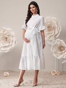 SHEIN White Solid Color Openwork Embroidered Front Button, Waist Tie, A-Line Maternity Dress, Summer Elegant. - White - View 3
