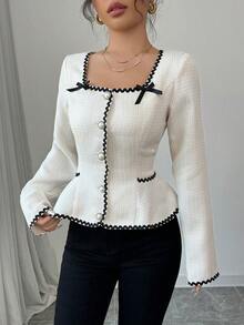 Selianne 女式优雅撞色饰边蝴蝶结装饰收腰衬衫，秋季 - 杏色 - 查看 4