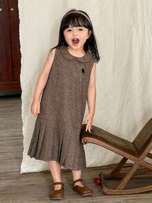 SHEIN Young Girl Girls Casual Comfortable Pleated Hem Solid Color Woven Dress - Brown - View 4