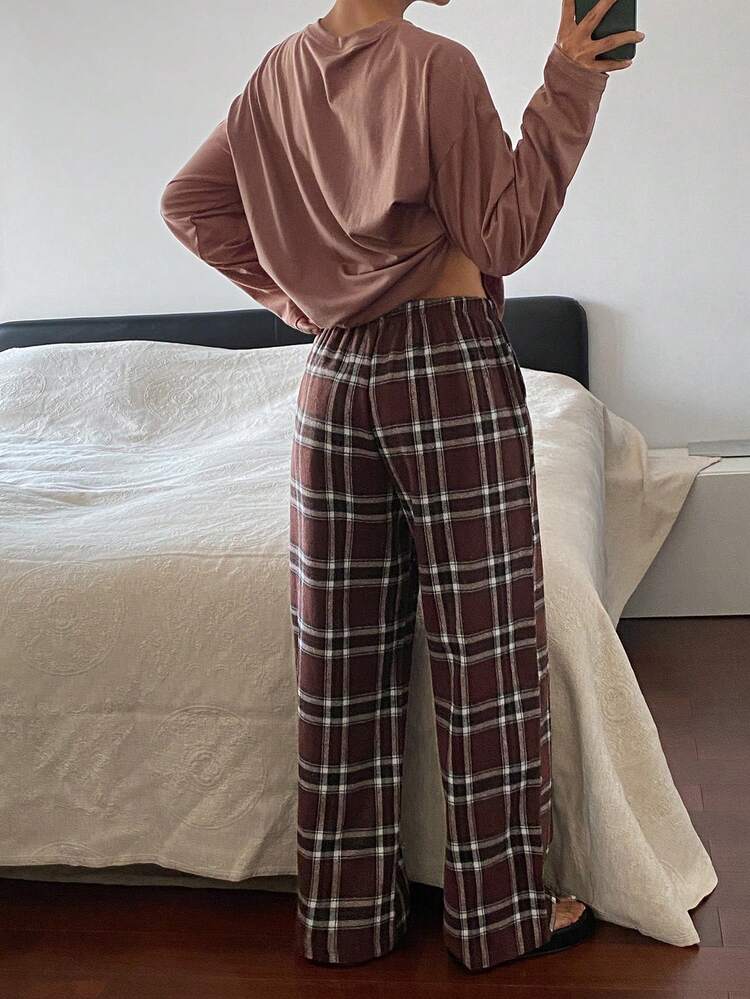 2pcs Women Graphic Print Loose Long Sleeve Pajama Set - Shirt And Plaid Pants