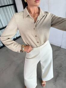 Lavishia Áo sơ mi nữ dài tay màu trơn cài cúc phía trước, kiểu dáng thanh lịch, thích hợp cho công sở, phong cách thường ngày, phù hợp cho kỳ nghỉ xuân, ngày lễ tình nhân. - Màu be - Xem 6