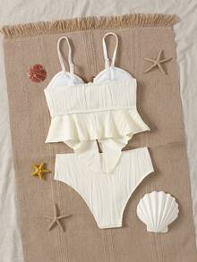 Tween Girl Apricot Textured Spaghetti Strap Bikini Set, Apricot Teen Swimsuit, Gold Shell Decor Girls Spring/Summer Swimwear - Apricot - View 1