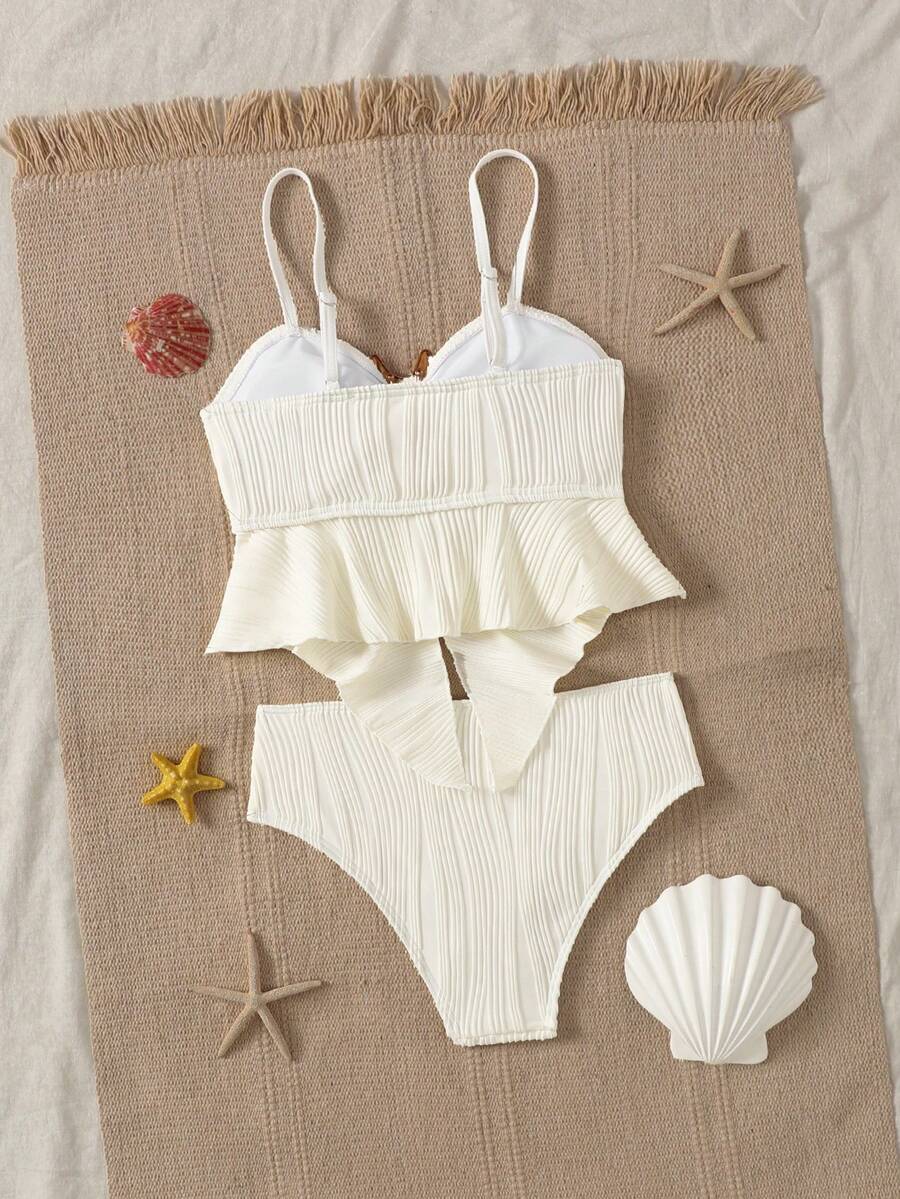 Tween Girl Apricot Textured Spaghetti Strap Bikini Set, Apricot Teen Swimsuit, Gold Shell Decor Girls Spring/Summer Swimwear - Apricot - View 1