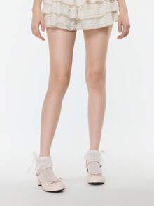 ROMWE Kawaii 女款對比色蕾絲蝴蝶結裝飾時尚中筒襪 - 米色A - 查看 5