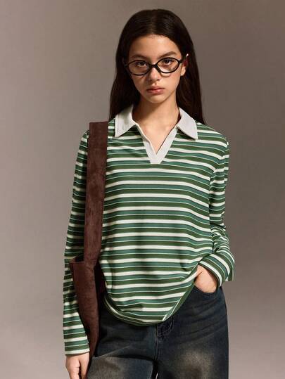 Teenage Girls' Long Sleeve T-Shirt, Green Striped Collar Patchwork Casual Top, Suitable For Autumn/Winter Vacation, Shopping, Travel, Can Be Paired With Jeans, Sweatpants, Fashion Minimalist Korean Style