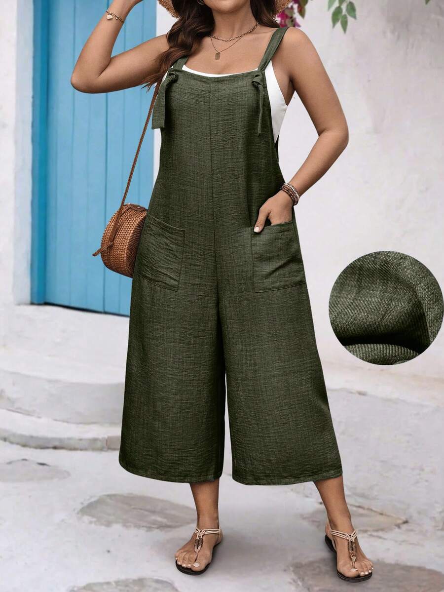 Breezaya Bộ áo liền quần ống đứng cỡ lớn có dây rút và túi trang trí. - xanh quân đội - Xem 1