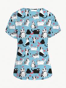 PopScrub 加大码夏季制服上衣，可爱线条猫咪和黑猫卡通印花休闲护士服上衣（女款） - 彩色 - 查看 2