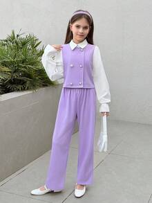 SHEIN Ensemble 2 en 1 pour filles préadolescentes, style décontracté pour l'école, avec chemise à col et manches à volants, et pantalon droit. Tenue de rentrée scolaire - Prune - Voir 4
