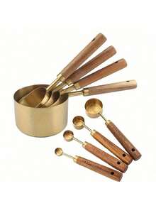 4/8pcs Measuring Cup And Spoon, Stainless Steel Measuring Cup And Measuring Spoon Set, Acacia Wooden Handle Stainless Steel Measuring Cup For Dry Goods And Liquid Ingredients, Baking Tools DIY, Seasoning Spoon Take Powder Spoon Coffee Spoon - Multicolor - View 5