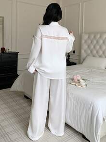 Dazy Plus 2pcs/Set Elegant White Loose Contrast Lace Top And Straight Leg Pants Pajama Set, Plus Size Women Spring/Autumn - White - View 1