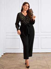 EMERY ROSE Plus Size Women V-Neck Long Sleeve Belted Polka Dot Foil Elegant Jumpsuit, Sequin Jumpsuit For Party , Autumn/Winter,2025 New - Black - View 5