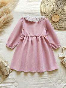 Vintaside Kids Rochie casual la modă pentru fete, de primăvară și toamnă, în stil coreean, cu guler din dantelă, cu mânecă lungă, potrivită pentru camping, vacanță, întâlniri sau ținută casual zilnică pe vreme blândă de toamnă - Roz - Vizualizare 2