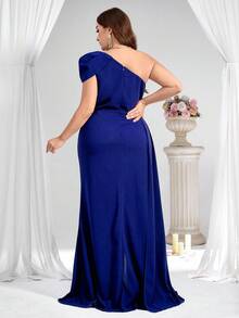 Coutiva 大码优雅水晶装饰开衩正式晚礼服 - 寶藍色 - 查看 2