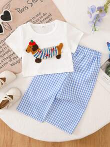 SHEIN 2pcs Baby Girl Toddler/Newborn 0-3Y Cute Casual Striped Bow Decor T-Shirt + Striped Pants Set, Infant Morandee Blue Outfit, Spring/Summer - Blue - View 10