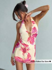 Aloruh Đầm ôm sát ngắn hở lưng cổ chữ V sâu, họa tiết hoa vàng nhuộm tie-dye, phong cách nghỉ mát châu Âu và Mỹ mùa hè tươi mới. - Màu Hồng baby - Xem 1