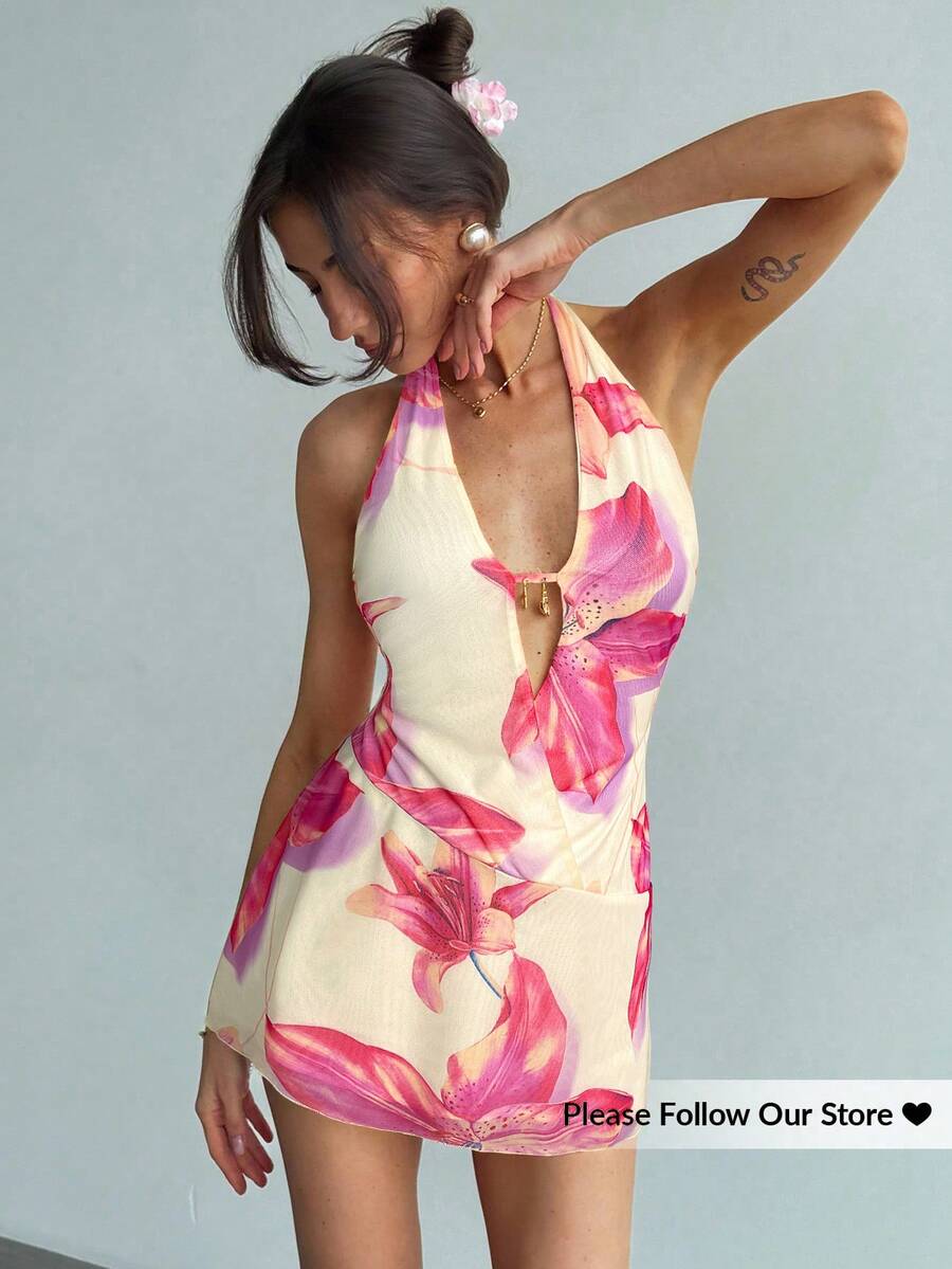 Aloruh Đầm ôm sát ngắn hở lưng cổ chữ V sâu, họa tiết hoa vàng nhuộm tie-dye, phong cách nghỉ mát châu Âu và Mỹ mùa hè tươi mới. - Màu Hồng baby - Xem 1