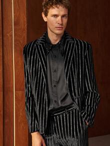 Airaco 复古奢华派对条纹丝绒休闲套装 - 黑色 - 查看 3