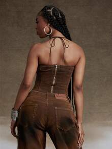 Denimoi 天鹅绒牛仔系带镂空束身胸衣，O形环细节，性感上衣，适合夜店、音乐会等场合穿着 - 棕色 - 查看 5