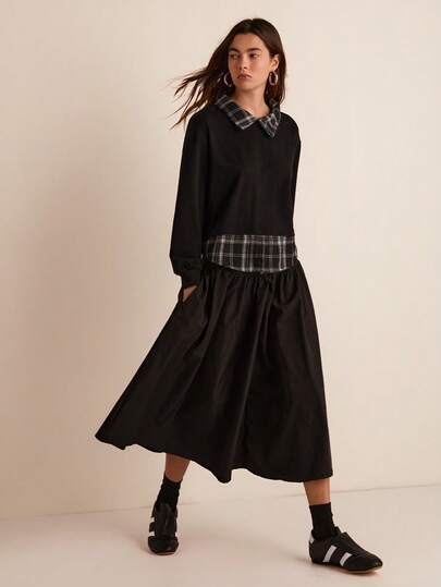 SHEIN EZwear Contrast Tartan Print Collar & Hem Sweatshirt,Long Sleeve Tops In Fall/Winter