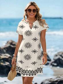 Sylviya Casual Minimalist V-Neck Short Dress For Women, Suitable For Spring/Summer Spring,Vacation - Multicolor - View 3