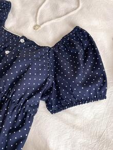 1pc Teenage Girls' Square Neck Puff Sleeve Polka Dot Ruffle Trim Blouse, Lightweight Summer Style, Suitable For Daily Wear - Multicolor - View 4