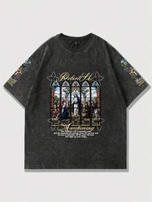 Manfinity EMRG Men's Washed Grey Cathedral Stained Glass Window Art Print Oversized T-Shirt | Rebirth Awakening Letter Sacred Religious Figure Scene Graphic Tee | Gothic Church Architecture Vintage Distressed Crew Neck Short Sleeve Top | Y2K Streetwear Dark Aesthetic Renaissance Painting Sleeve Print Shirt | Faith Spiritual Inspiration Quote Loose Fit Outerwear | Soft Breathable Acid Wash Summer Casual Daily Outdoor Wear,Men's Casual Fashionable Street Jesus Slogan Print Washed Loose Fit T-Shirt - Black - View 2
