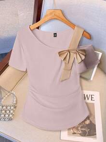 GlowEve CURVE 大码女式休闲蝴蝶结撞色装饰短袖T恤蝴蝶结上衣女式蝴蝶结衬衫可爱短袖上衣女式上衣优雅女式短袖上衣女式短袖上衣 - 粉色 - 查看 1