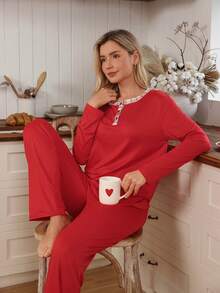 SHEIN Doze Lane Contrast Plaid Open Front Long Sleeve & Pants Women Pajama Set - Red - View 3