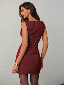 Aloruh Đầm mini dáng chữ A không tay, thắt eo, phối màu nâu và kaki mới dành cho nữ mùa Thu/Đông, chất liệu vải tweed họa tiết răng cưa. - Đỏ và đen - Xem 2