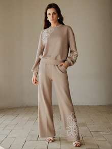 Anewsta 优雅时尚休闲外出/派对针织弹力抽绳刺绣3D花卉卡其色女式运动裤，春夏、新年、情人节穿搭 - 卡其色 - 查看 4