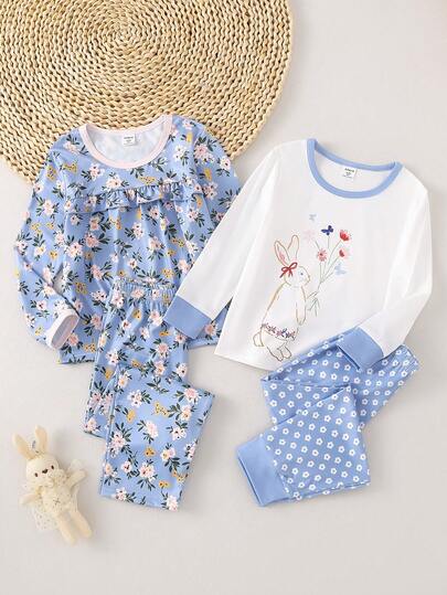 Young Girl' Minimalist Elegant Cartoon Rabbit & Floral All-Over Print Long Sleeve Top And Pants Set