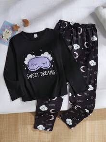 Genkimix Kids 女童简约玫红色睫毛印花长袖上衣和裤子两件套睡衣套装