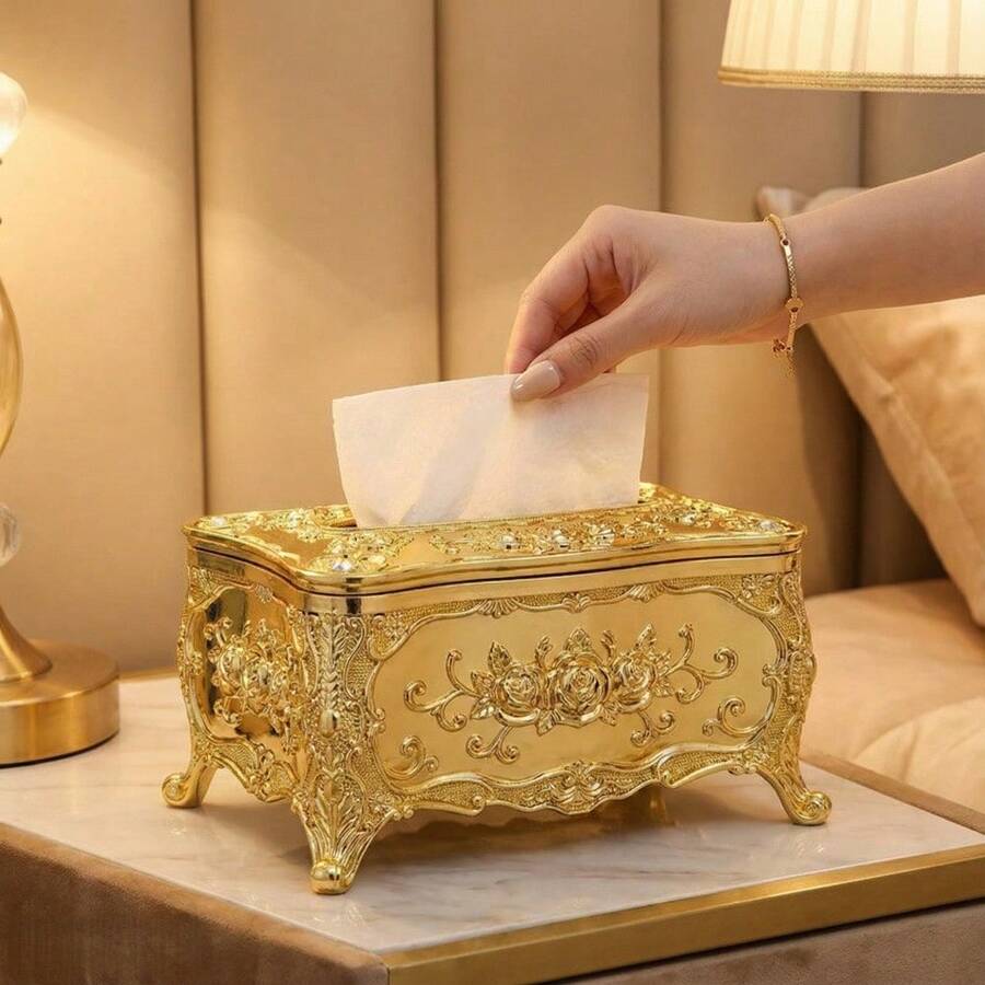 SHEIN 1 Stück vintage Taschentuchbox, für Festlichkeiten, Wohnaccessoires, Tisch, Wohndekoration, Heimorganisation und Lagerung, Raumdekoration, Schlafzimmerdekoration, Küchenausstattung, Küchenutensilien, Küchenorganiser, Reisen, Feiertage - Gold - Übersicht 1