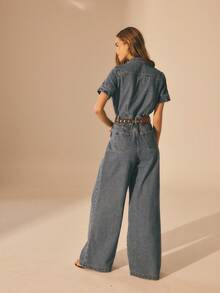 Aralina Women's Summer / Winter Denim Casual Short Sleeve Long Leg Jumpsuit, Y2K Stockholm Style Streetwear