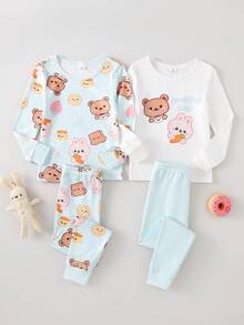 4pcs Girls Cute Bear Print Soft Pajama Set, Crew Neck Long Sleeve Top And Pants, Casual Homewear - Multicolor - View 1