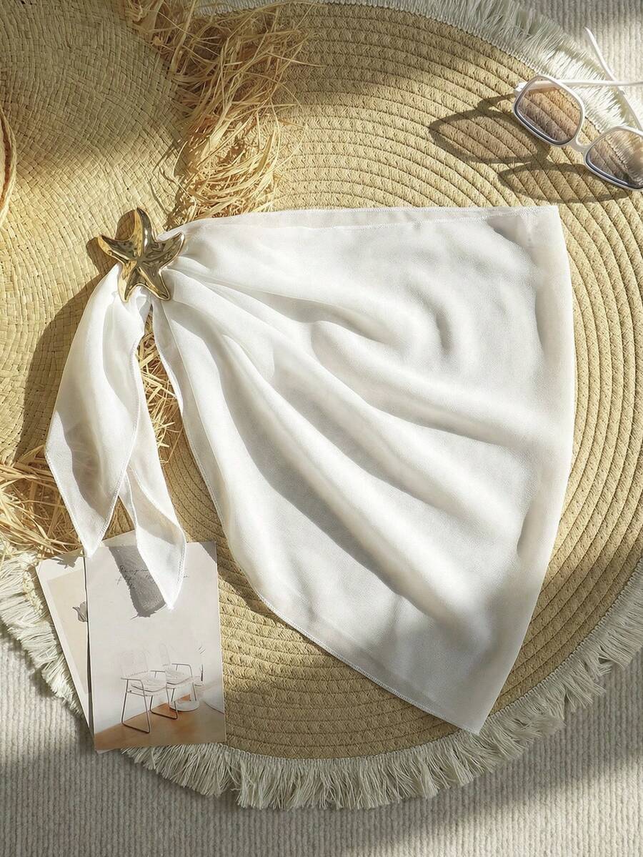 SHEIN Tween Girl Plain White Color Side Tie Chiffon Skirt, Summer Vacation Casual/ Bathing Suit Cover Up/ Swimsuit Cover Up /Bathing Suit Coverup/ Bathing Suit Cover Up Kids/ Metal Starfish Decor Beach Wrap Sarong