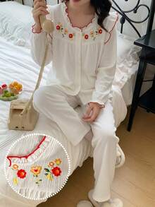 2件套女童休闲碎花纽扣前襟弹力袖口舒适褶皱面料家居服套装 - 杏色 - 查看 13