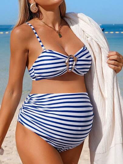 SHEIN 2026 Summer Beach Vacation Blue & White Striped Maternity Tankini Swimsuit Set,Women's Swimwear ArrivalFor School,Suitable For Holiday, Date, Afternoon Tea, Western, Cruise, Beach, Island, Road Trip, All Seasons, Music Festival, Boho Vacation,Bohemian Vacation, Chill Autumn ,Western Boho ,Elegant Tops For Women Maternity Swimwear 2 Piece Set High Waist Maternity Bikini Tummy Control Maternity Swimsuit Striped 2 Piece Swimsuit High Waist Bikini Set High Waist Swimsuit Set