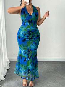 Elenzga Plus Size Women Elegant Halter Backless Dress - Multicolor - View 4