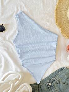 SHEIN Camiseta corta de punto texturizado con bajo asimétrico para niña preadolescente - Celeste - Ver 2