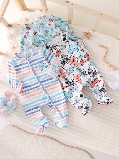 新生儿蓝色罗纹针织卡通森林动物图案长袖连体衣，多件套