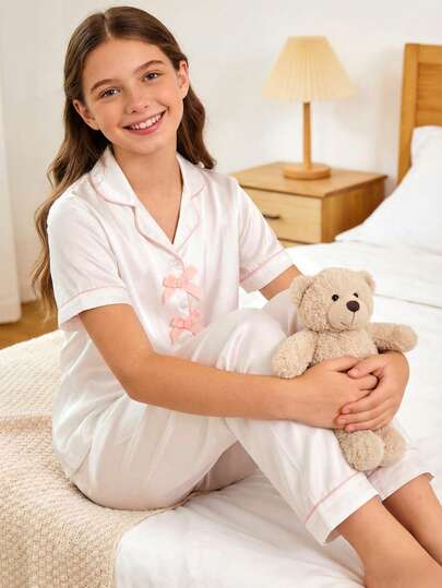 Tween Girls White Satain Pajamas-2 Piece Pajama Set Spring To Summer Pink Piping Bow Accent Button Front Notched Collar Round Neck Short Sleeve Also Long Sleeve Options Matching Long Pants And Dress Sleepwear Loungewear Seasonal All Season Holiday 2026 Must Have Gift
