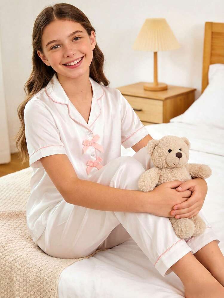 Set di cardigan e pantaloni in tessuto di seta sintetica per ragazze, beige con bordi rosa, abbigliamento da relax - Bianco - Visualizzare 1