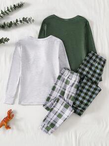 4件套/2套 男童恐龙印花蓝灰色长袖上衣搭配经典格子打底裤四件套睡衣套装，秋冬季休闲舒适装扮 - 彩色 - 查看 2