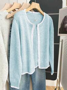 Franclia 法式复古宽松圆领长袖撞色滚边针织开衫，女士秋冬款 - 藍白色 - 查看 3