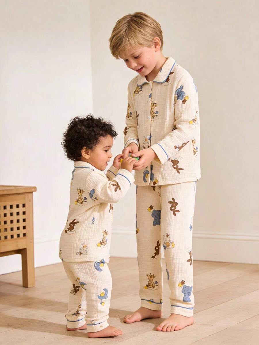 Young Boy 2pcs Beige Soft Fabric Animal Print Lapel Shirt And Casual Pants Loungewear Set - Multicolor - View 1