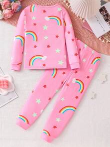 SHEIN 2 件装少女可爱彩虹星熊印花长袖上衣和紧身裤睡衣套装