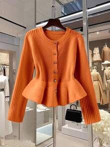 SHEIN LUNE 休闲纯色荷叶边针织开衫，适合通勤和秋冬季穿着 - 橘色 - 查看 6